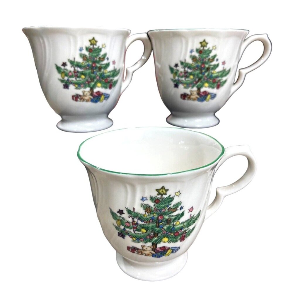 3 Vtg Nikko Happy Holidays Footed Coffee Tea Mug Cup Christmas Tree Swirl White